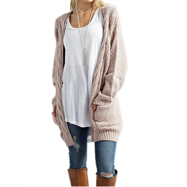 hower Womens Long-Sleeve Knit Cardigan Mid Long Open Front Sweater Coat 